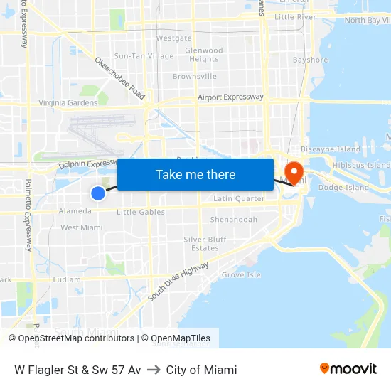 W Flagler St & Sw 57 Av to City of Miami map