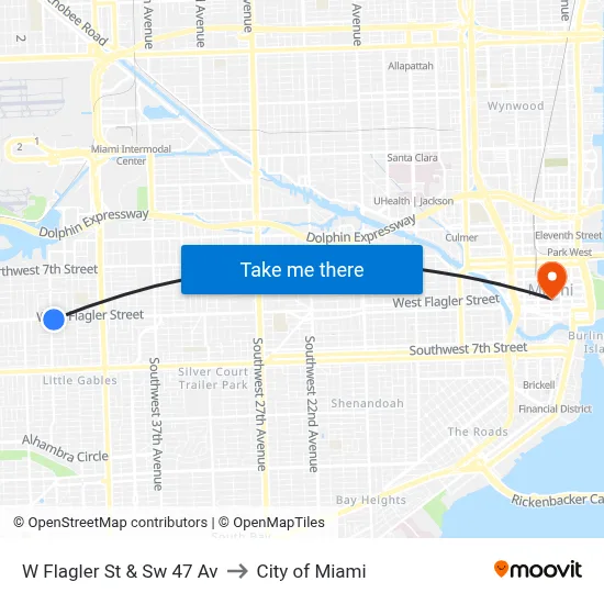 W Flagler St & Sw 47 Av to City of Miami map