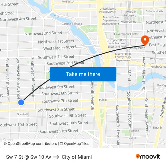 Sw 7 St @ Sw 10 Av to City of Miami map