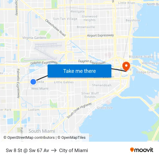 Sw 8 St @ Sw 67 Av to City of Miami map
