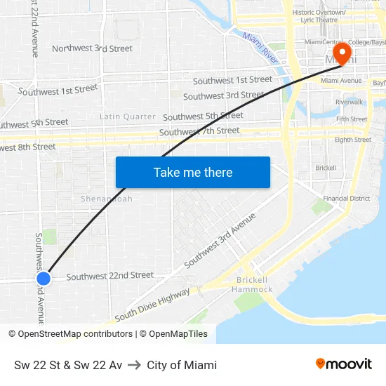 Sw 22 St & Sw 22 Av to City of Miami map