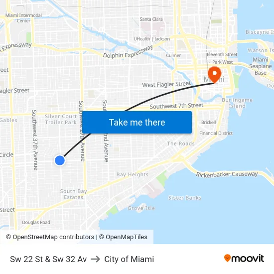 Sw 22 St & Sw 32 Av to City of Miami map