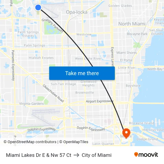Miami Lakes Dr E & Nw 57 Ct to City of Miami map