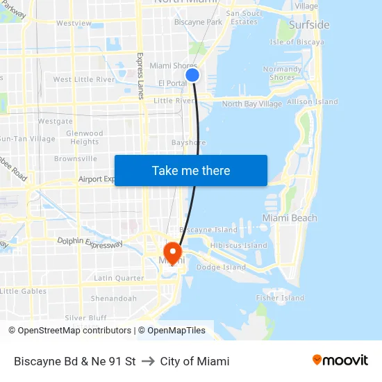 Biscayne Bd & Ne 91 St to City of Miami map