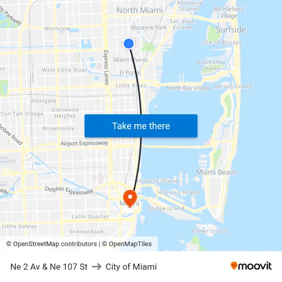 Ne 2 Av & Ne 107 St to City of Miami map