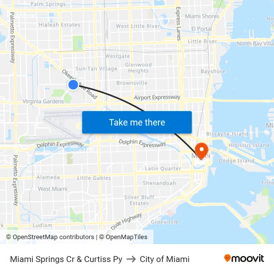 Miami Springs Cr & Curtiss Py to City of Miami map