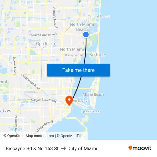 Biscayne Bd & Ne 163 St to City of Miami map