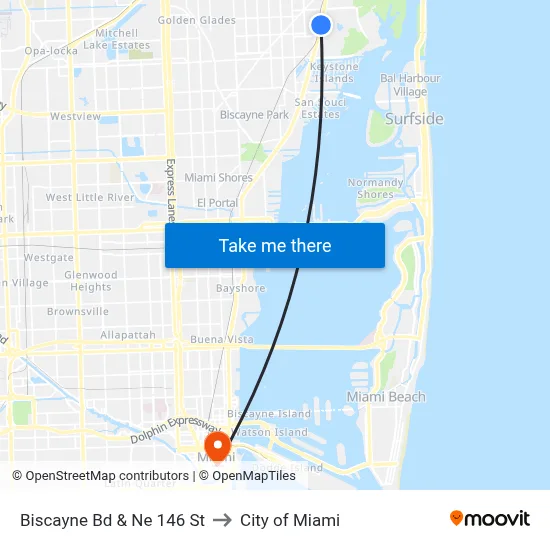 Biscayne Bd & Ne 146 St to City of Miami map
