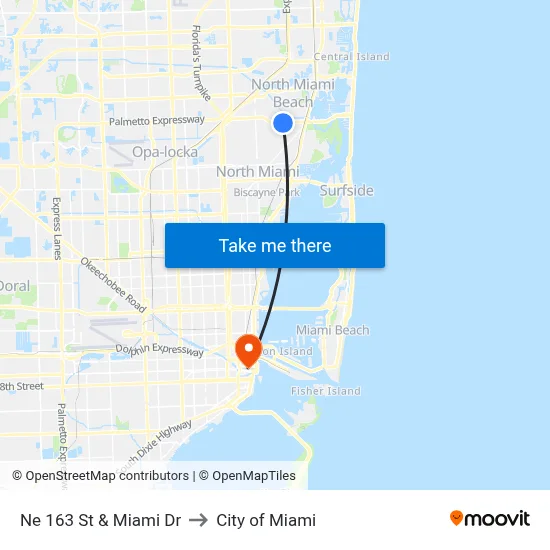 Ne 163 St & Miami Dr to City of Miami map
