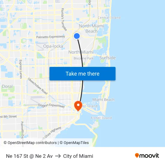 Ne 167 St @ Ne 2 Av to City of Miami map