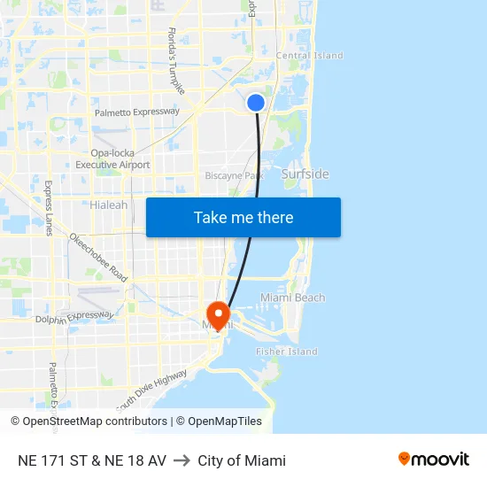 Ne 171 St & Ne 18 Av to City of Miami map