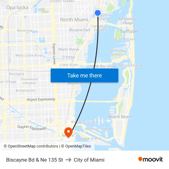 Biscayne Bd & Ne 135 St to City of Miami map