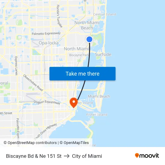 Biscayne Bd & Ne 151 St to City of Miami map