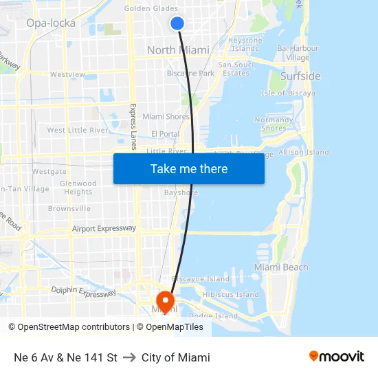Ne 6 Av & Ne 141 St to City of Miami map