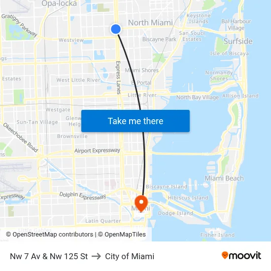 Nw 7 Av & Nw 125 St to City of Miami map