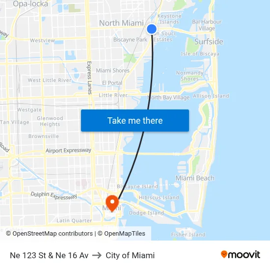 Ne 123 St & Ne 16 Av to City of Miami map