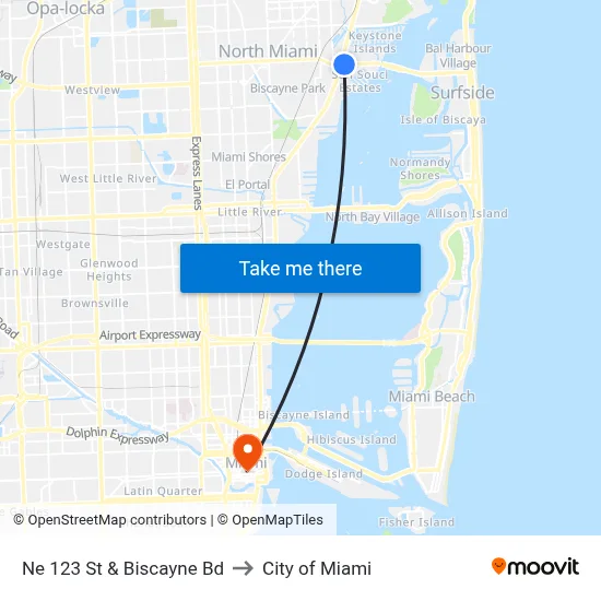 Ne 123 St & Biscayne Bd to City of Miami map