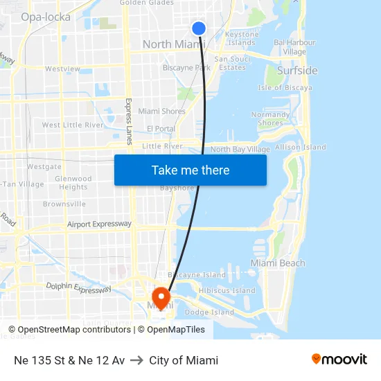 Ne 135 St & Ne 12 Av to City of Miami map