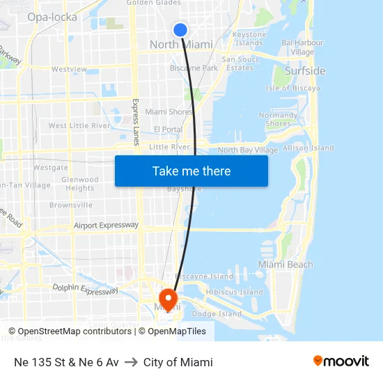 Ne 135 St & Ne 6 Av to City of Miami map