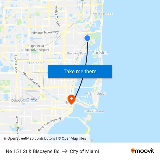 Ne 151 St & Biscayne Bd to City of Miami map