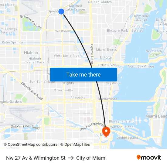 Nw 27 Av & Wilmington St to City of Miami map