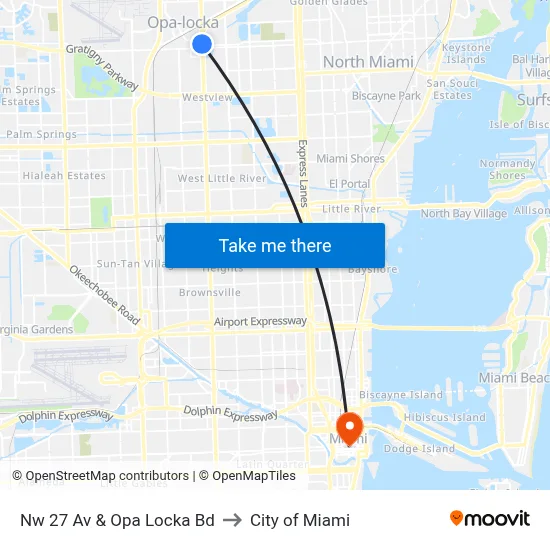 Nw 27 Av & Opa Locka Bd to City of Miami map