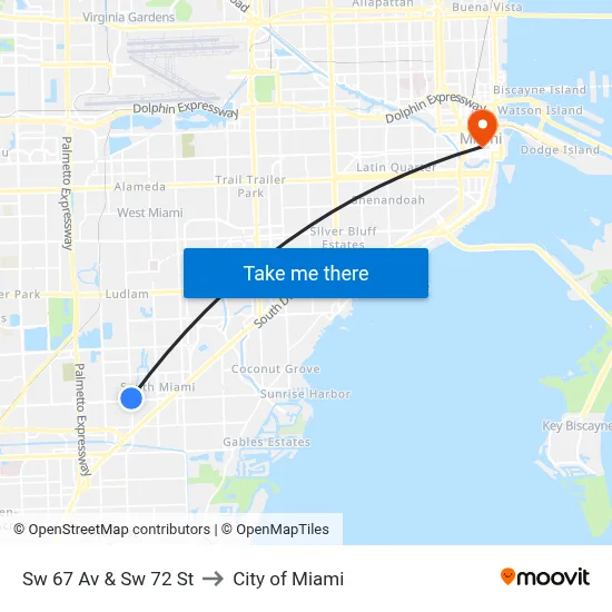 Sw 67 Av & Sw 72 St to City of Miami map