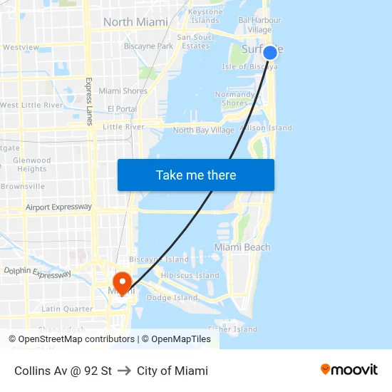 Collins Av @ 92 St to City of Miami map