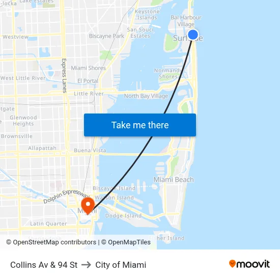 Collins Av & 94 St to City of Miami map