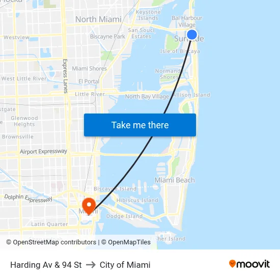 Harding Av & 94 St to City of Miami map