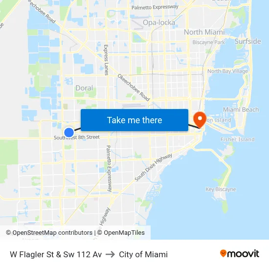 W Flagler St & Sw 112 Av to City of Miami map