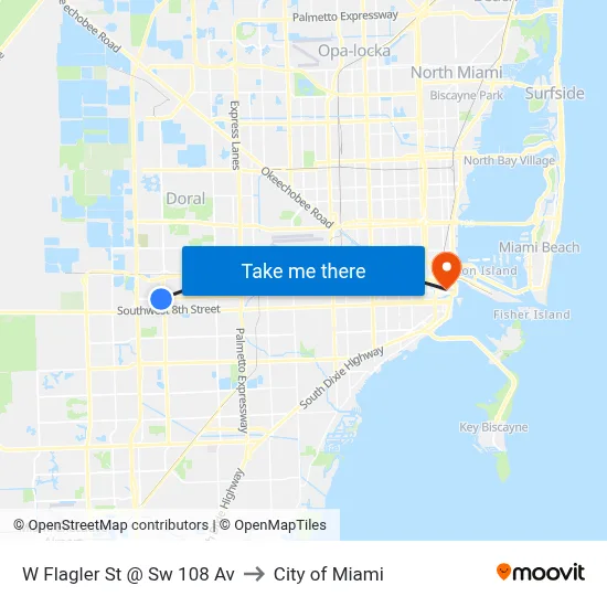 W Flagler St @ Sw 108 Av to City of Miami map