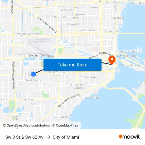 Sw 8 St & Sw 62 Av to City of Miami map