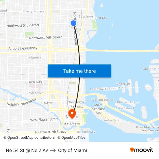 Ne 54 St @ Ne 2 Av to City of Miami map