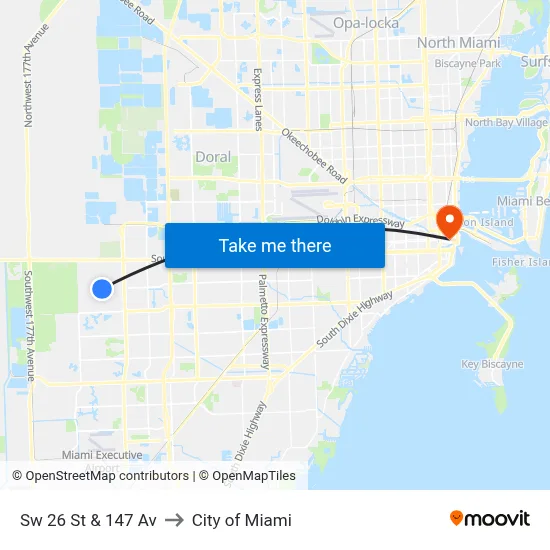 Sw 26 St & 147 Av to City of Miami map