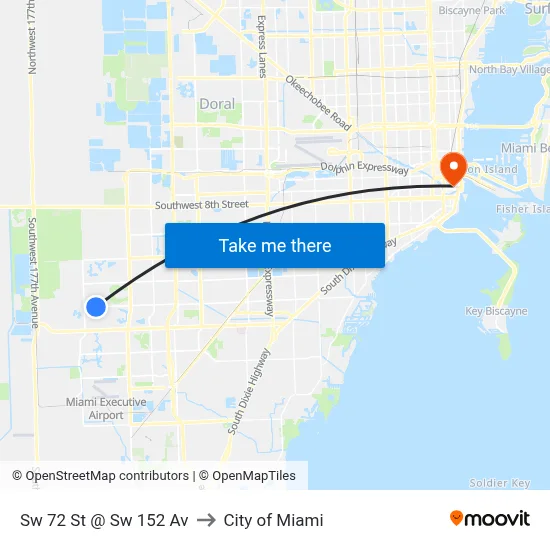 Sw 72 St @ Sw 152 Av to City of Miami map