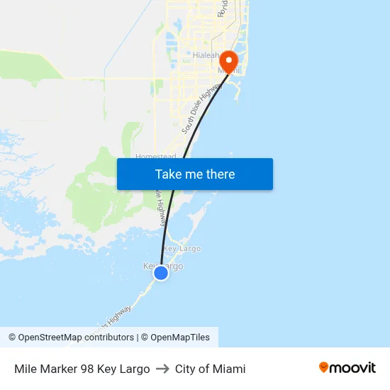 Mile Marker 98 Key Largo to City of Miami map