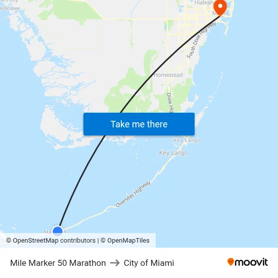 Mile Marker 50 Marathon to City of Miami map