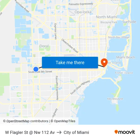 W Flagler St @ Nw 112 Av to City of Miami map