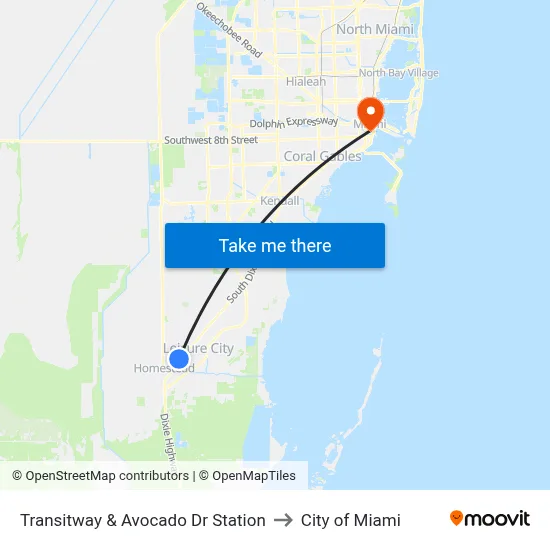 Transitway & Avocado Dr Station to City of Miami map