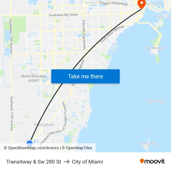Transitway & Sw 280 St to City of Miami map