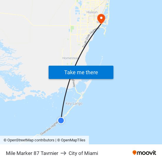 Mile Marker 87 Tavrnier to City of Miami map