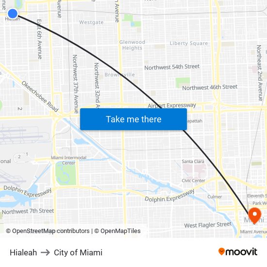 Hialeah to City of Miami map