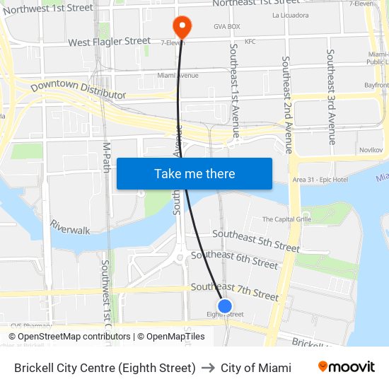 Brickell City Centre (Eighth Street) to City of Miami map