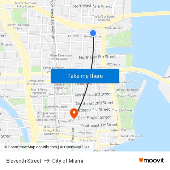 Eleventh Street to City of Miami map