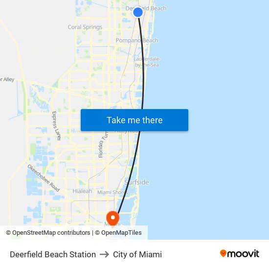Deerfield Beach Station to City of Miami map