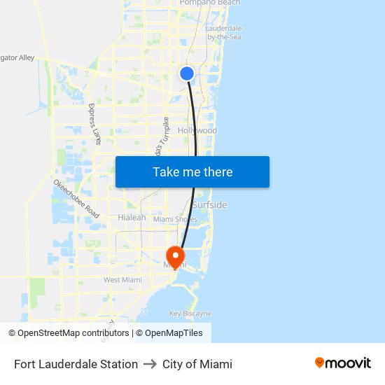 Fort Lauderdale Station to City of Miami map