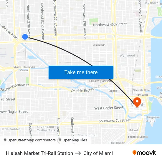 Hialeah Market Tri-Rail Station to City of Miami map