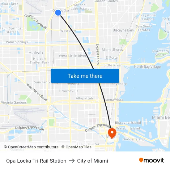 Opa-Locka Tri-Rail Station to City of Miami map