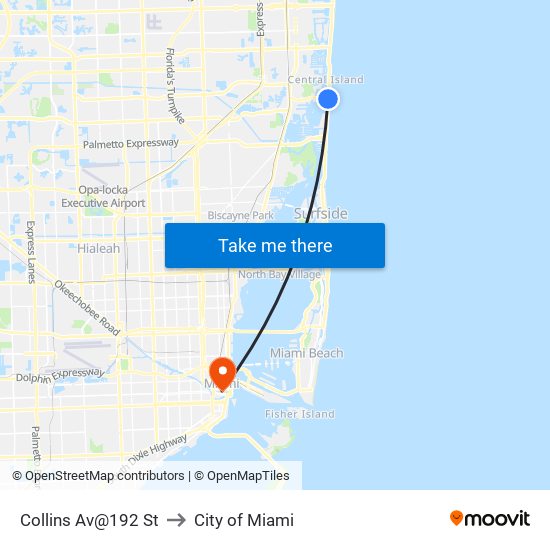 Collins Av@192 St to City of Miami map